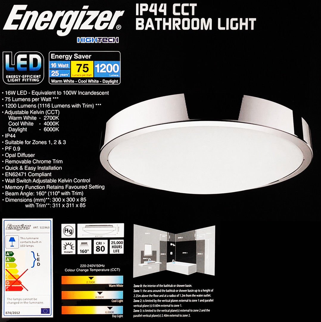 Energizer Lampa sufitowa LED do łazienki CCT - wodoodporna IP44 zmiana temperatury barwowej światła - przełączanie z 2700 K ciepła biel do 4000 K zimna biel na 6000 K światło dzienne