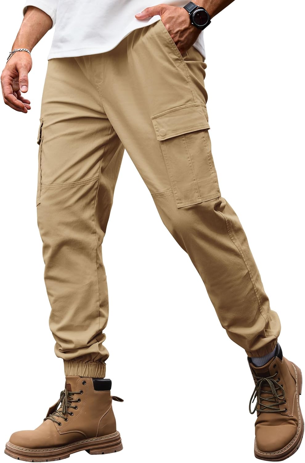 Men's Cargo Pant Elastic Waistband Washed Cotton Casual Drawstring Pocket Tapered Jogger (S-2XL)