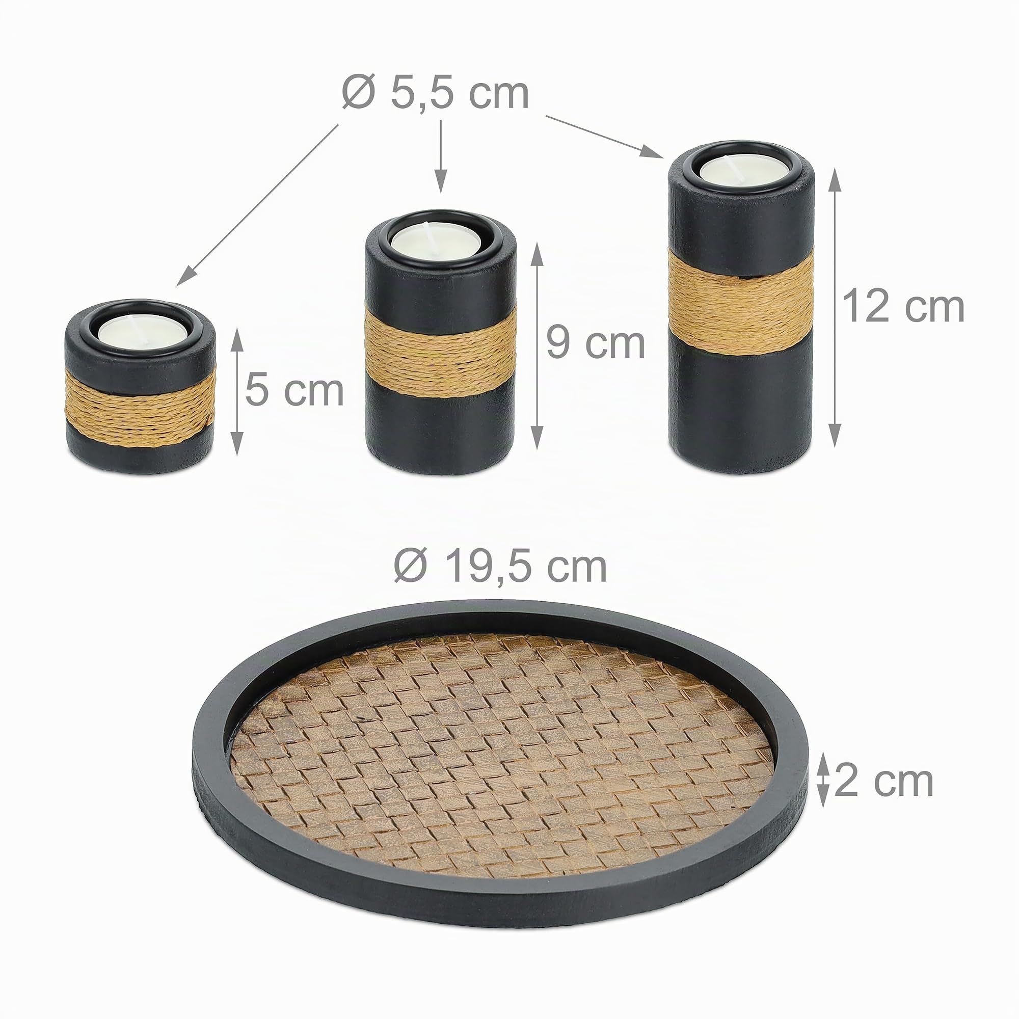 Relaxdays Portacandele Decorativo con Vassoio e Pietre, Ø 19,5 cm, Decorazione per Tavolino e Soggiorno, Nero Marrone