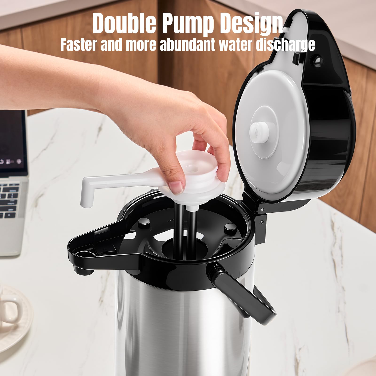 PARACITY Botella de agua de café Airpot mejorada con doble bomba de 84 onzas/2.5 L, dispensador de bebidas de acero inoxidable para bebidas calientes/frías, base Lazy Susan, termos para café para