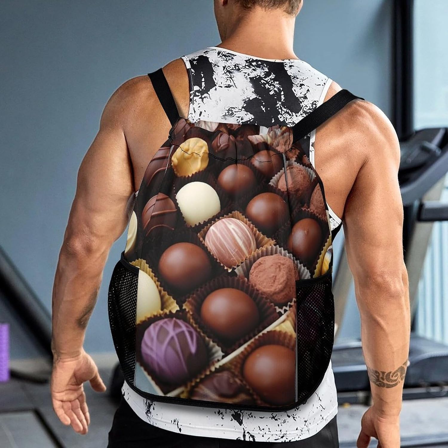 Small Gym Bag Color Chocolate Printed Drawstring Gym Bag for Men Lightweight Waterproof Drawstring Backpack for Women with Shoe Compartment for Travel Tourism Work And Fitness