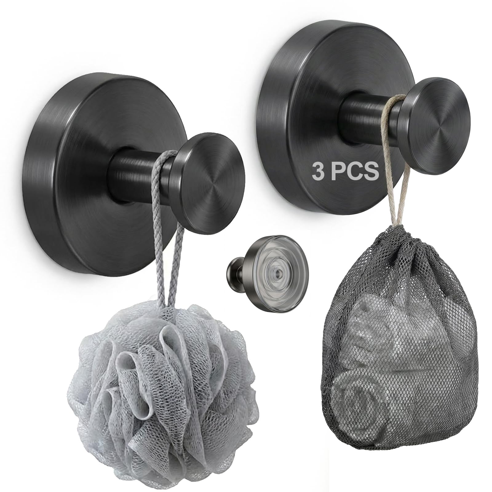 Giftgem Black 3 Pack Suction Hooks For Bathroom - Rustproof Stainless Steel Suction Cup Hooks Heavy Duty, Waterproof Vacuum Shower Holder For Towel Robe Loofah, No Drilling Window Glass Hanger