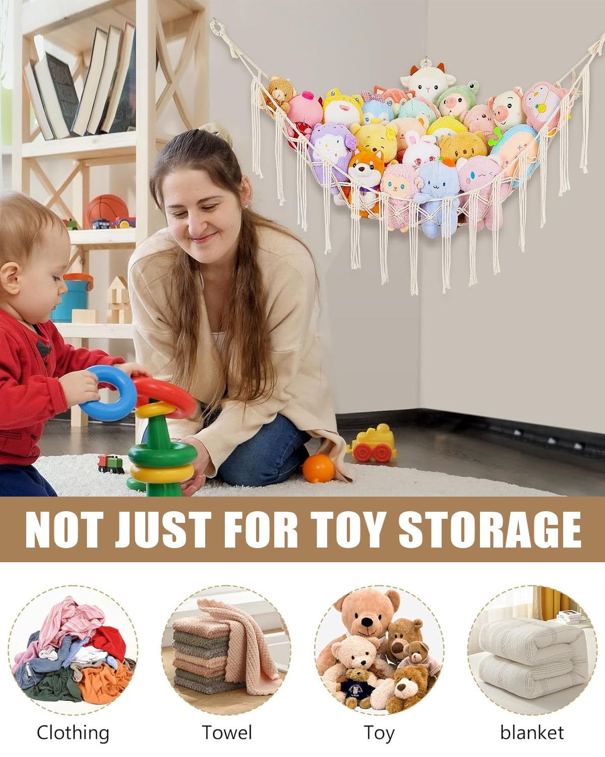 Hamac pour animaux en peluche Rangement de jouets Filet avec 3 crochets Décoration murale chambre d'enfant
