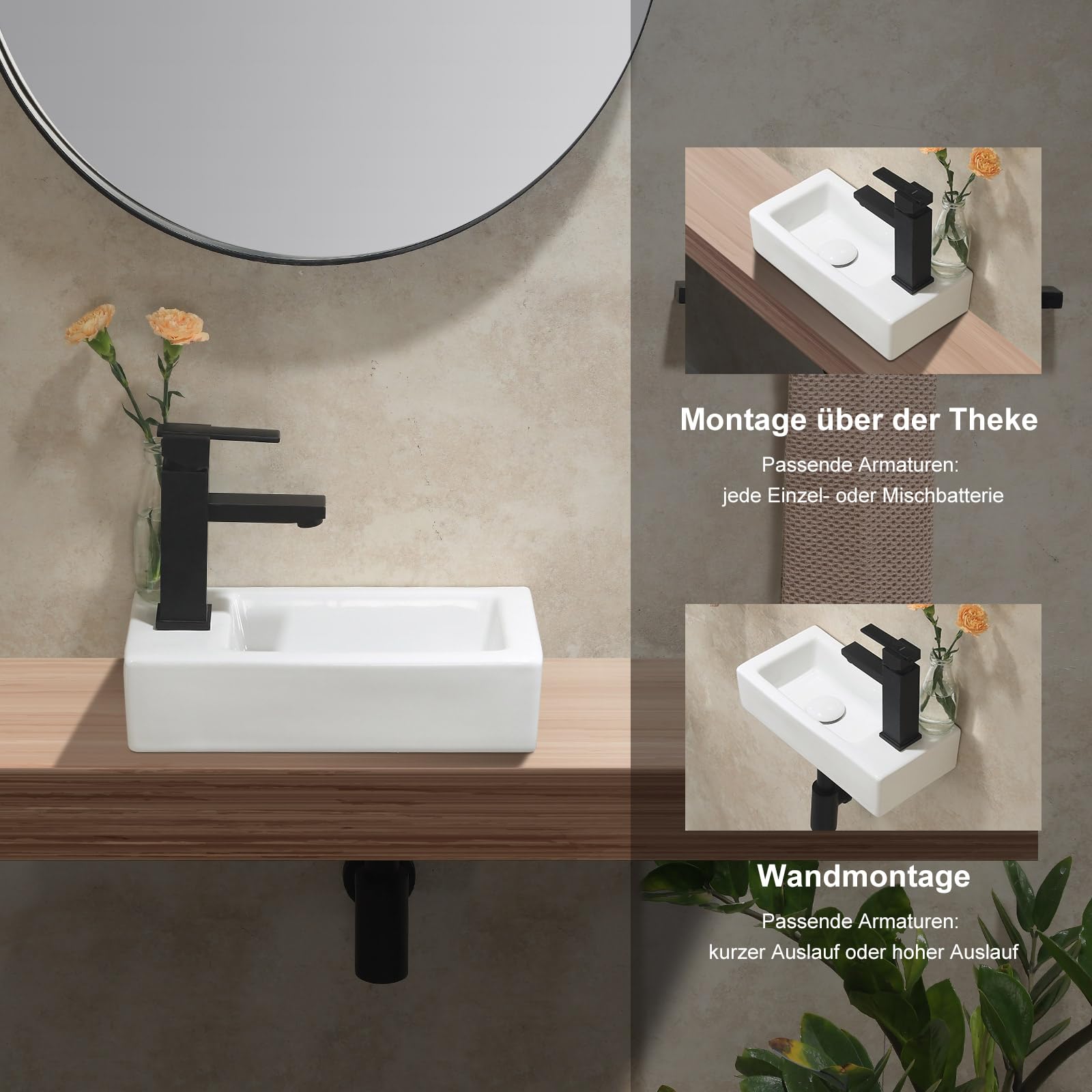 HOROW Lavabo colgante de pared, rectangular, de cerámica, porcelana, pequeño, para invitados, orificio para grifo a la izquierda, 370 x 185 x 90 mm