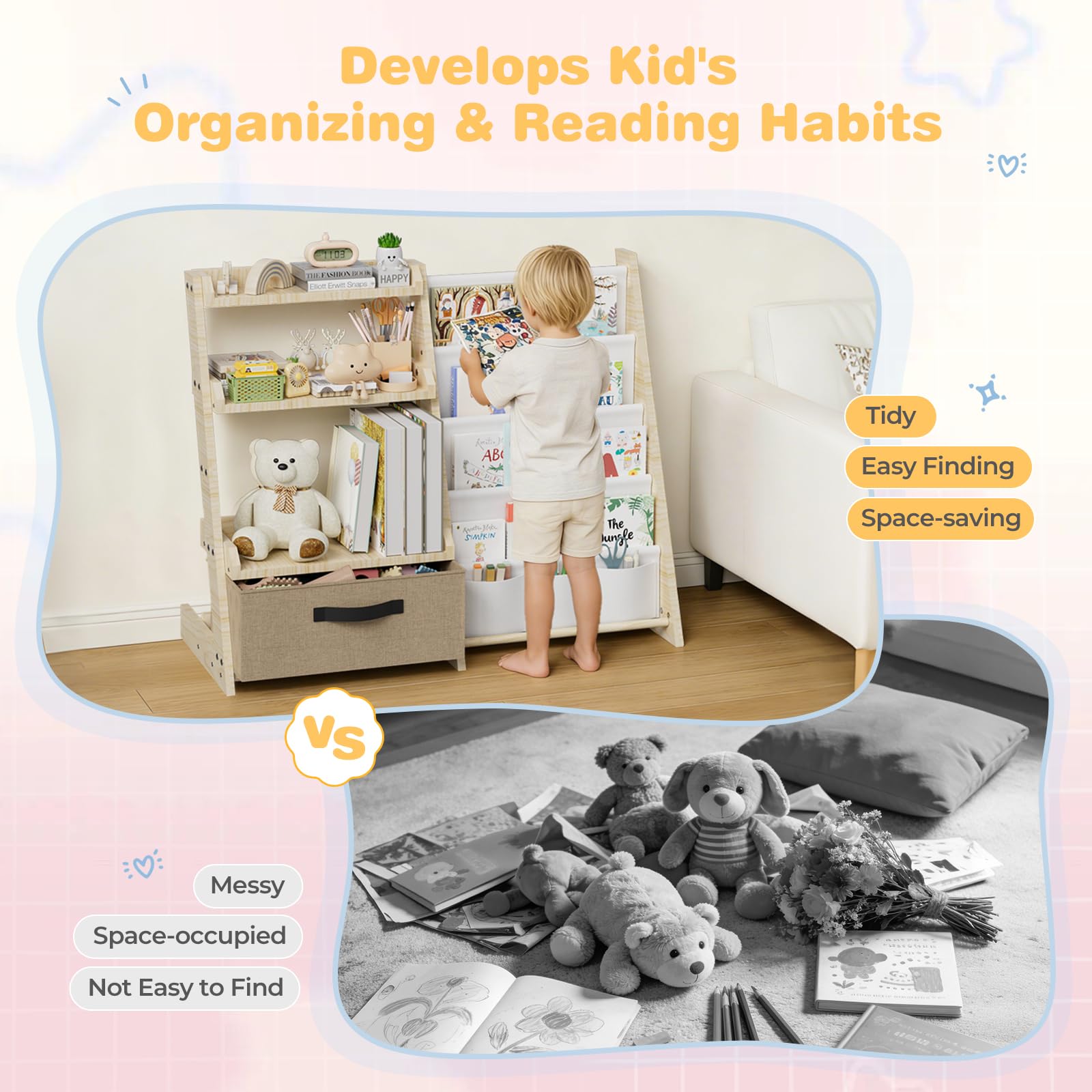 Scaffale per bambini con organizer per giocattoli 2 in 1 - Libreria in legno e tessuto con 4 scomparti, cassetto e tasche portapenne, scaffale sicuro per bambini, altezza 68 cm, per cameretta