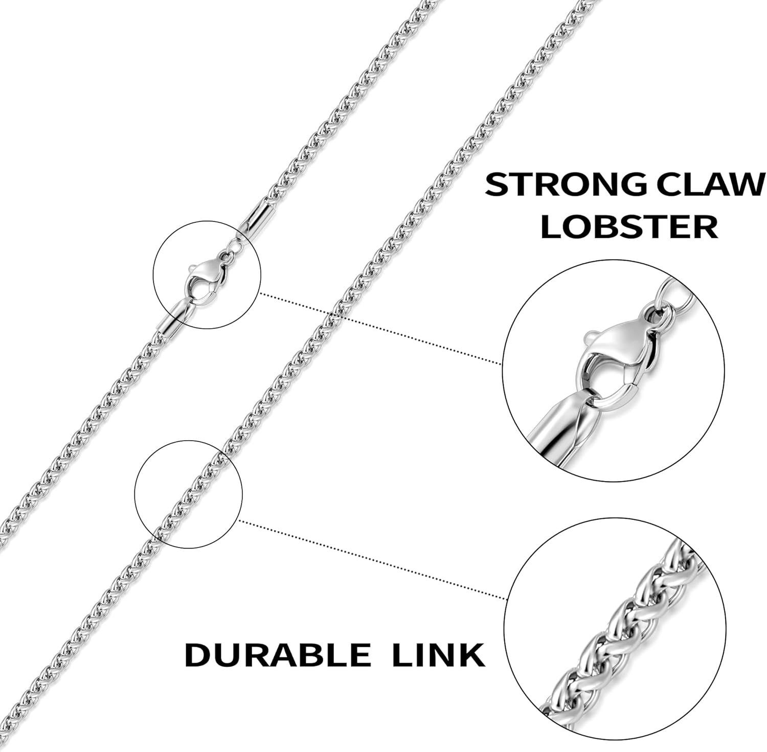 sovesi Wheat Necklace Chain for Men, Silver Plated Stainless Steel Necklace, 2.5/3mm Width Chain for Men and Women, 16-28 Inches Length Gift Jewelry - Image 4