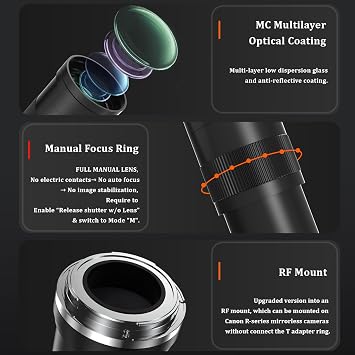 BENOISON Telephoto Lens RF Lens for Canon, 420-800mm Manual Focus MF Zoom Lens for Canon EOS R, Ra, RP, R3, R5, R5 C, R6, R6 Mark II, R7, R8, R10, R50, R100 Mirrorless