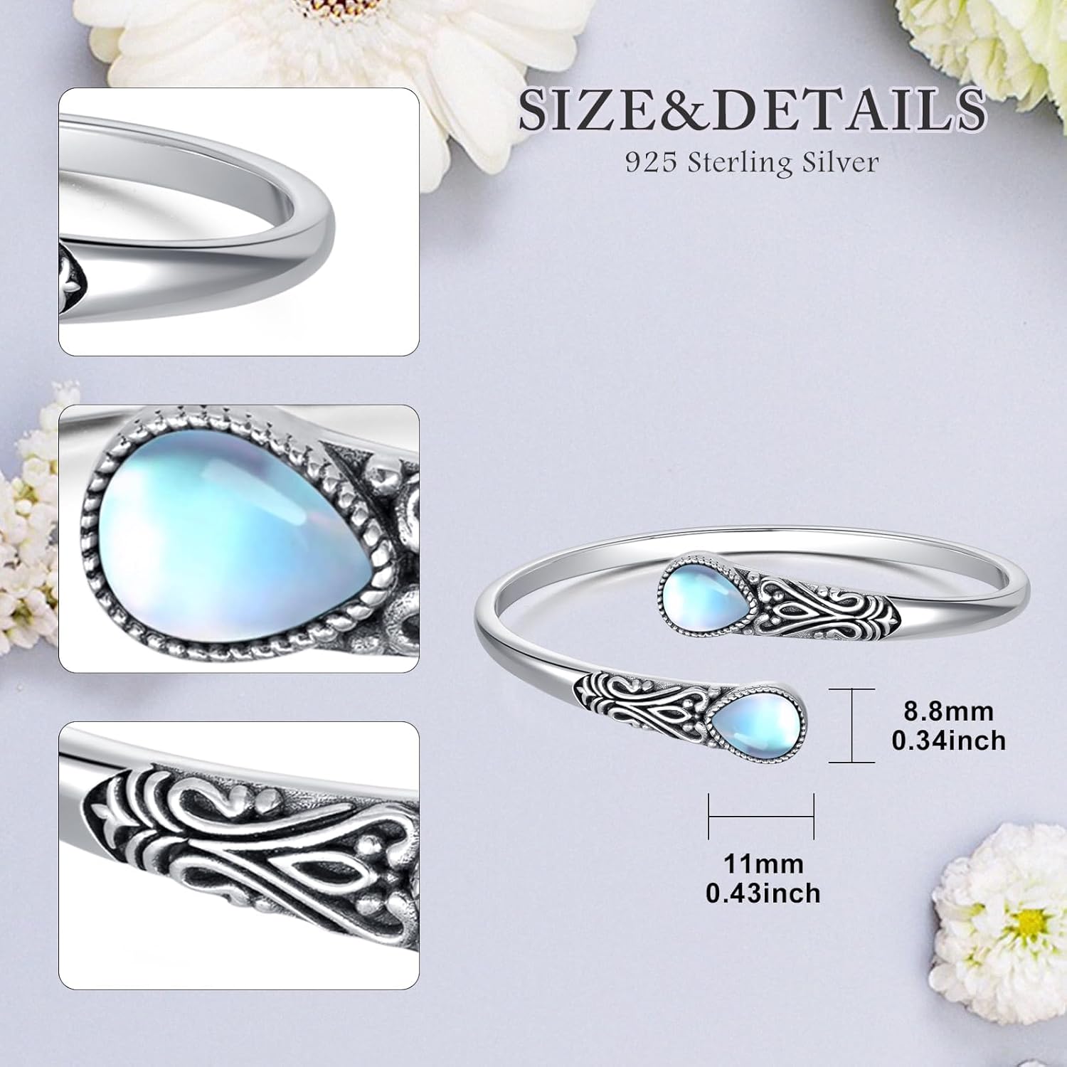 925 Sterling Silver Genuine Gemstone Bracelet for Women Men Handmade Adjustable Boho Navajo Style Bangle Cuff Natural Stone Jewelry Gift
