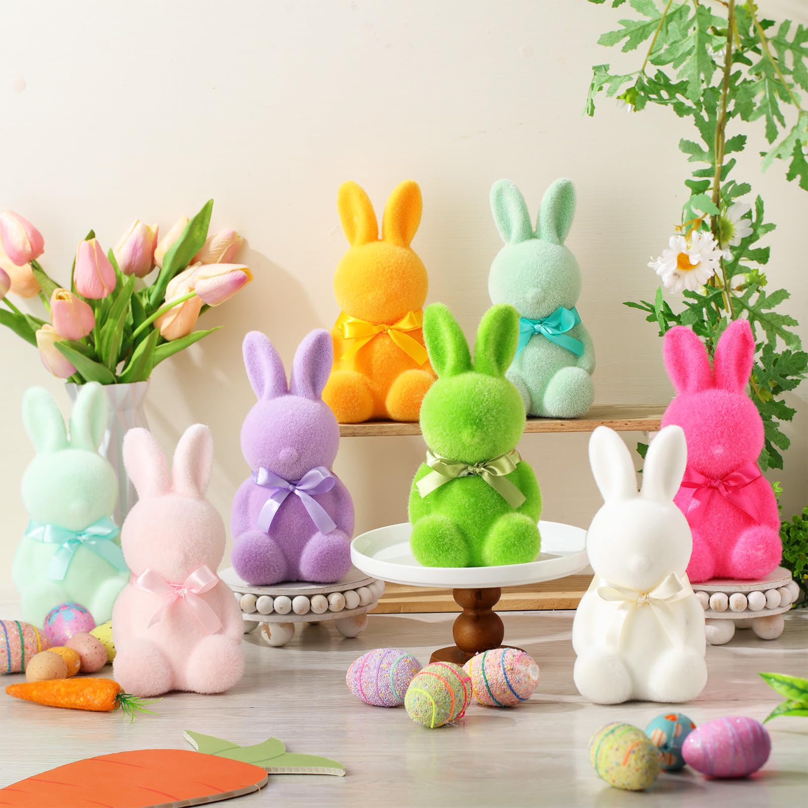 Wesiti Beflockte Osterhasen-Dekoration mit Fliege, Hasen-Figuren für Ostern, Tafelaufsätze, Frühling, Hof, Rasen, Garten, Tischskulptur, Häschen, Kinderzimmer, Dekoration für Ostern, Geschenk,