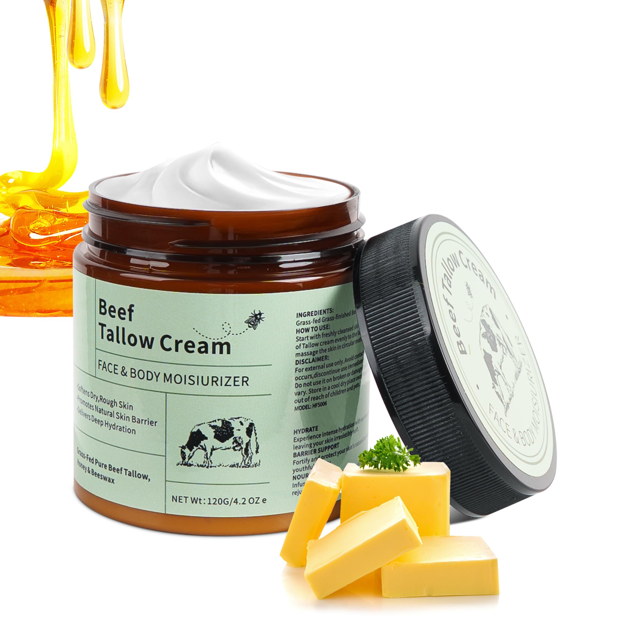 VRAIKO Tallow and Honey Balm, Grass-Fed Beef Tallow Raw Honey Moisturizer for Face and Body, Natural Beef Tallow Moisturizing Cream for Soft Smooth Skin, 4.2 oz