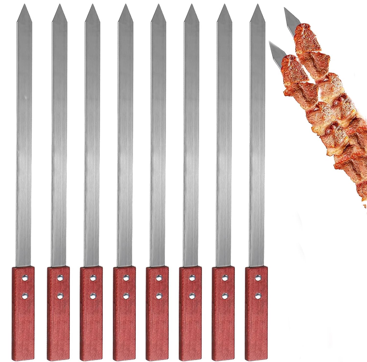 Adana Lot de 8 brochettes réutilisables 40 cm avec manche en bois, brochettes plates en acier inoxydable pour viande et légumes