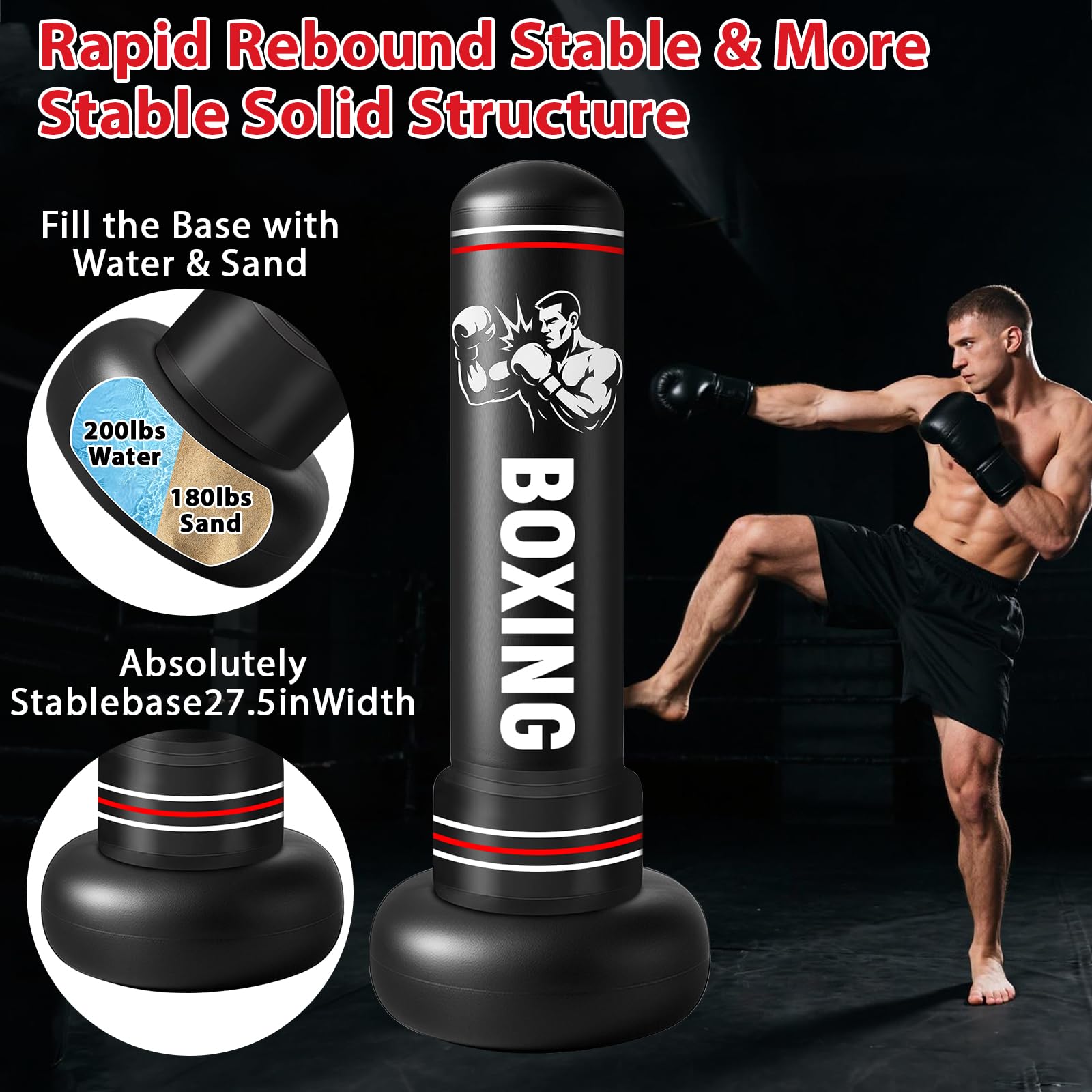 Saco de Boxeo Adultos, 190cm Sacos de Boxeo de Pie on Guantes y Bomba de Aire, Punching Ball Inflable Entrenamiento para Karate, Kickboxing, PVC Fitness Boxeo Regalo Ideal
