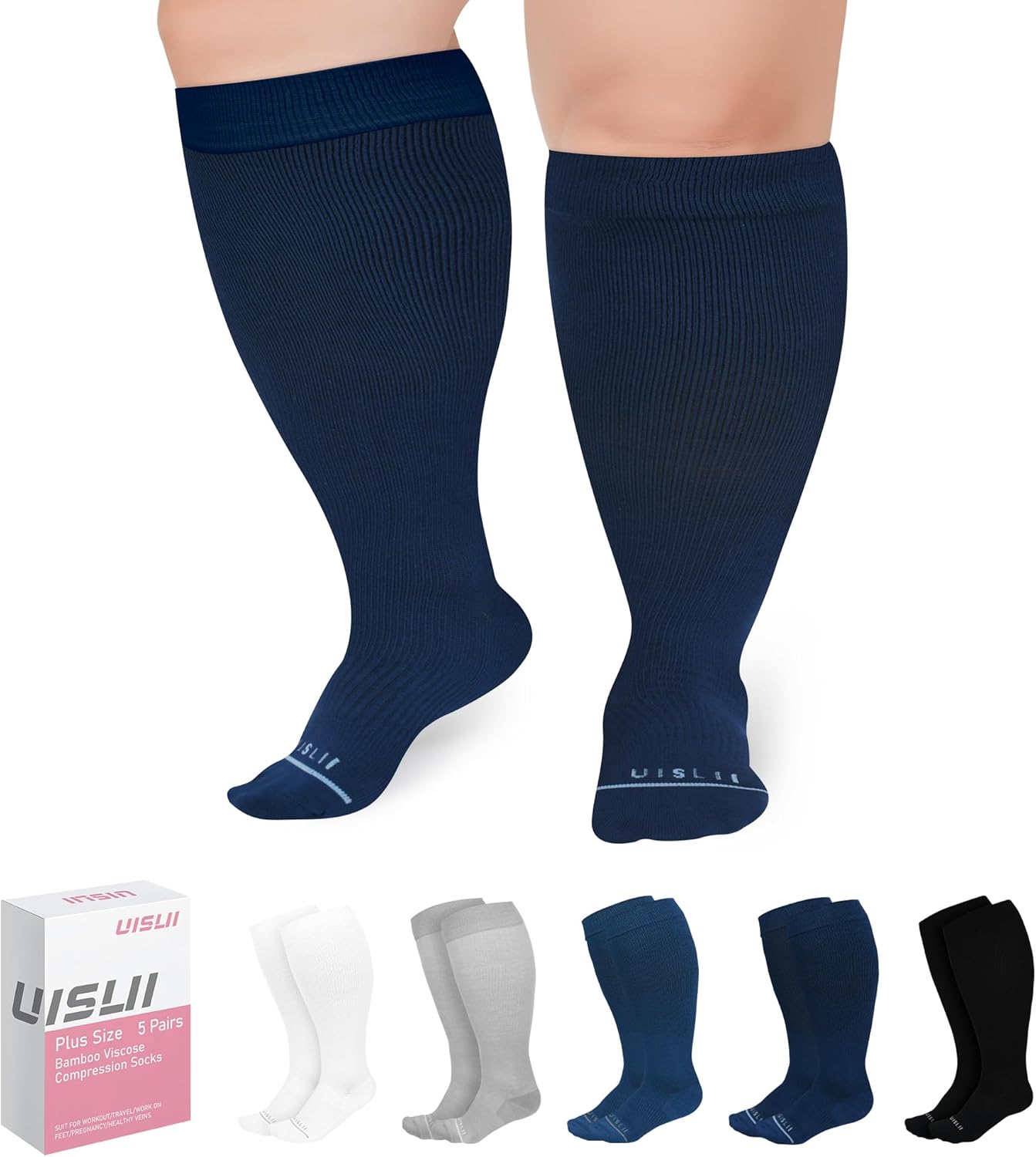 Plus Size Compression Socks Wide Calf Women Men,5 Pairs 20-30mmHg Extra Width Calf Viscose Knee High Compression Socks for Circulation Support 2XL Black/White/Grey/Navy/Dark Blue