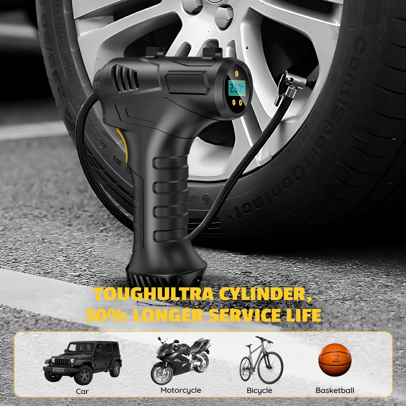 Compressore d'aria portatile senza fili, 12 V, portatile, 5200 mAh, ricaricabile, 150 psi, pompa ad aria elettrica digitale per auto, con luce LED e 4 ugelli, per auto, moto, bicicletta