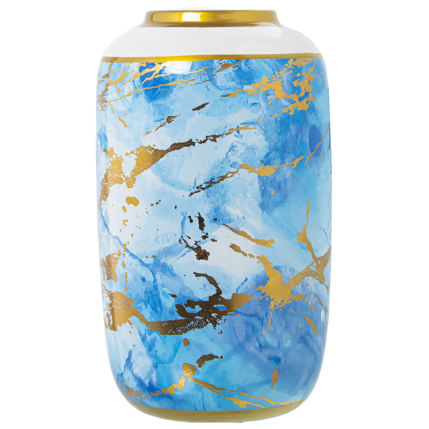 Vase en céramique bleu blanc or 18x30cm grand format pour fleurs