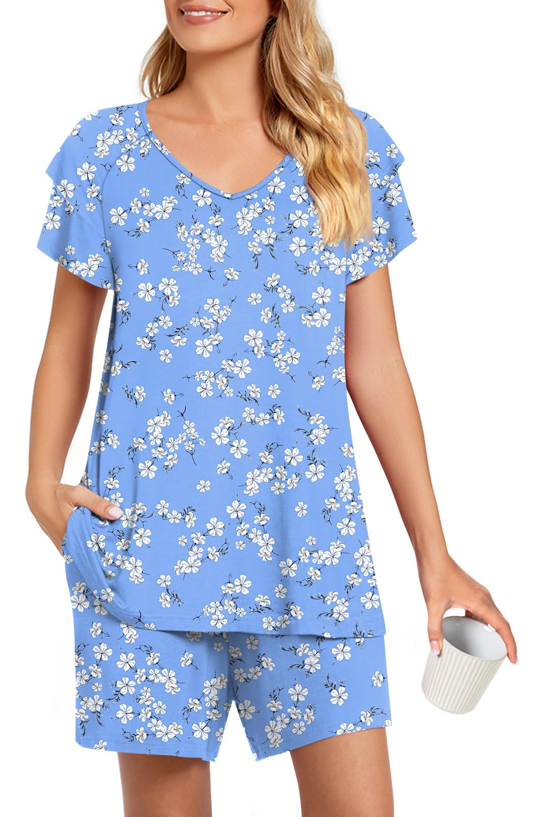 Aodemo Womens Summer Pajama Sets Ruffle Short Sleeves Sleepwear 2 Piece Pjs Lounge Short Pants with Pockets