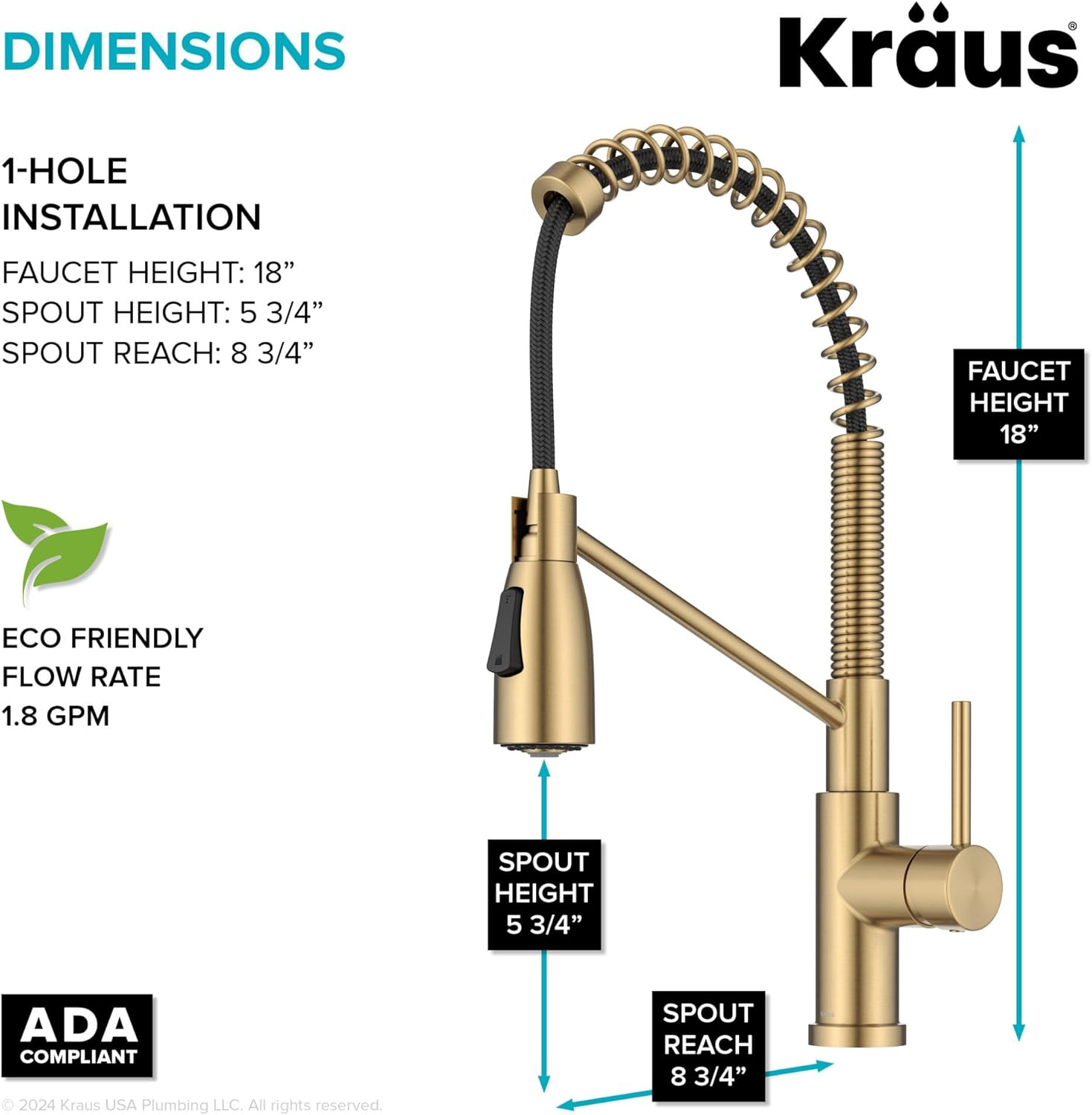 Diagram showing KRAUS Coda Faucet dimensions: 18-inch faucet height, 5 3/4-inch spout height, 8 3/4-inch spout reach, and 1.8 GPM flow rate.