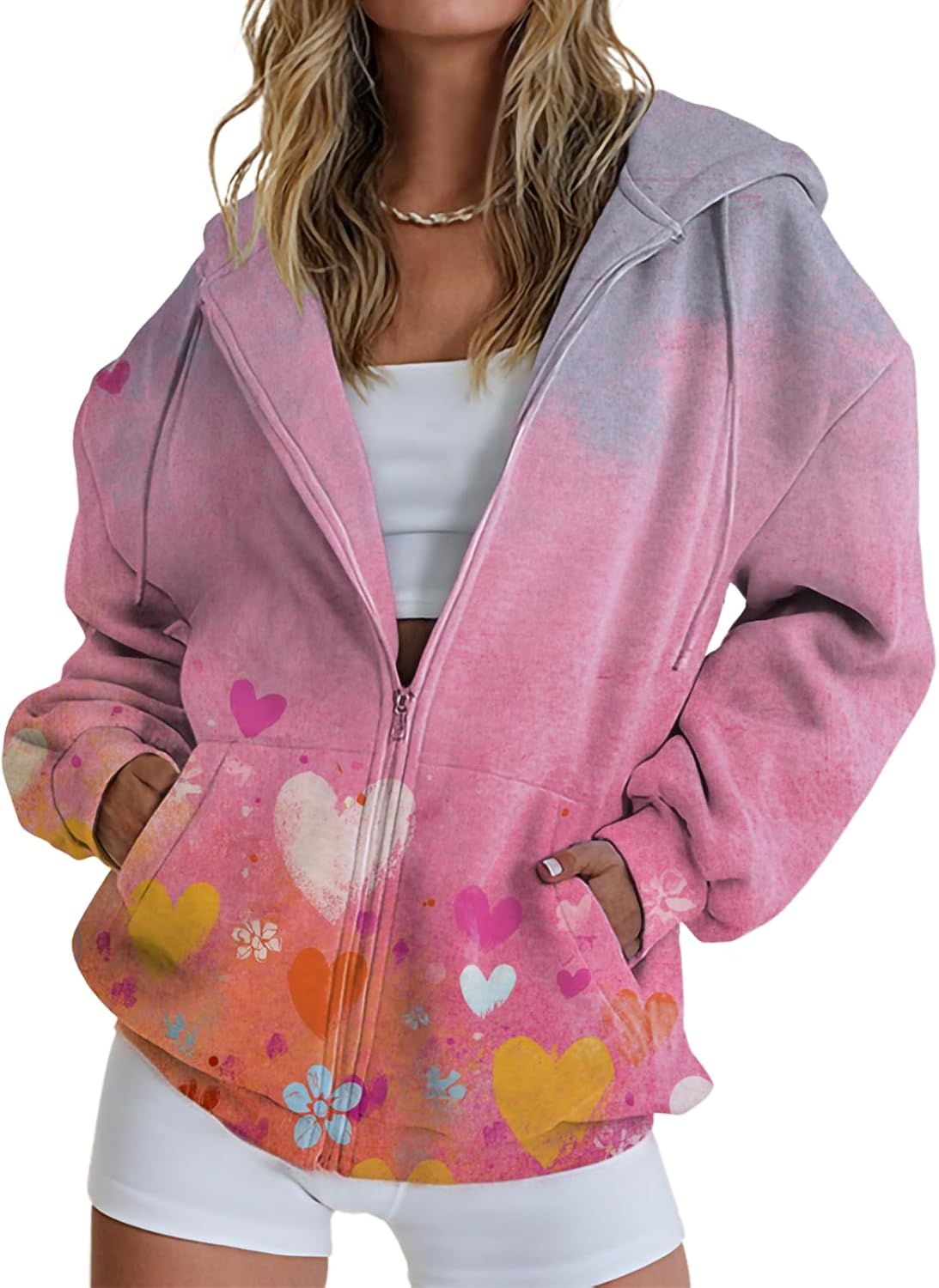 Womens Sweatshirts Elegant Floral Print Zipper Hooded Jacket Oversized Casual Fall ...