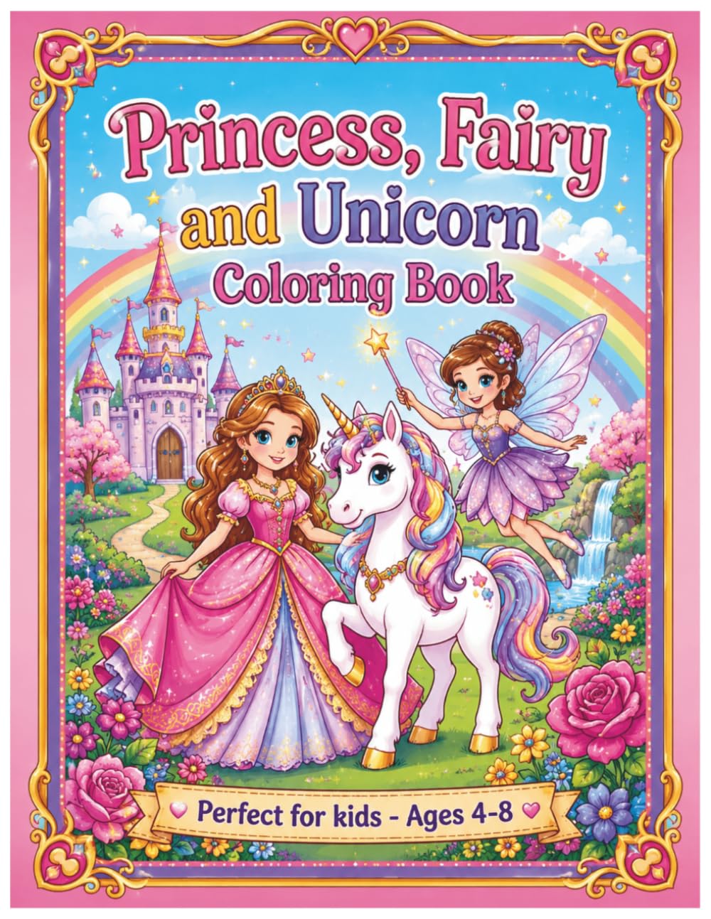 Princess, Fairy & Unicorn Coloring Book: Cute and Easy Fantasy Coloring Pages Featuring Princesses, Fairies, Unicorns and Castles for Girls Ages 4-8