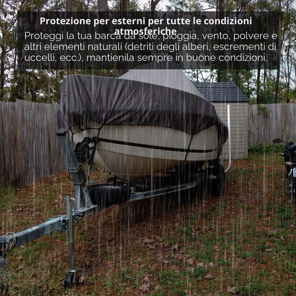 Copertura per Barca Impermeabile, 600D Oxford Tessuto Telo Copri per Barche, per Scafo a V, Tri-Scafo, Barca da Sci da Pesca, Nero 636x332cm