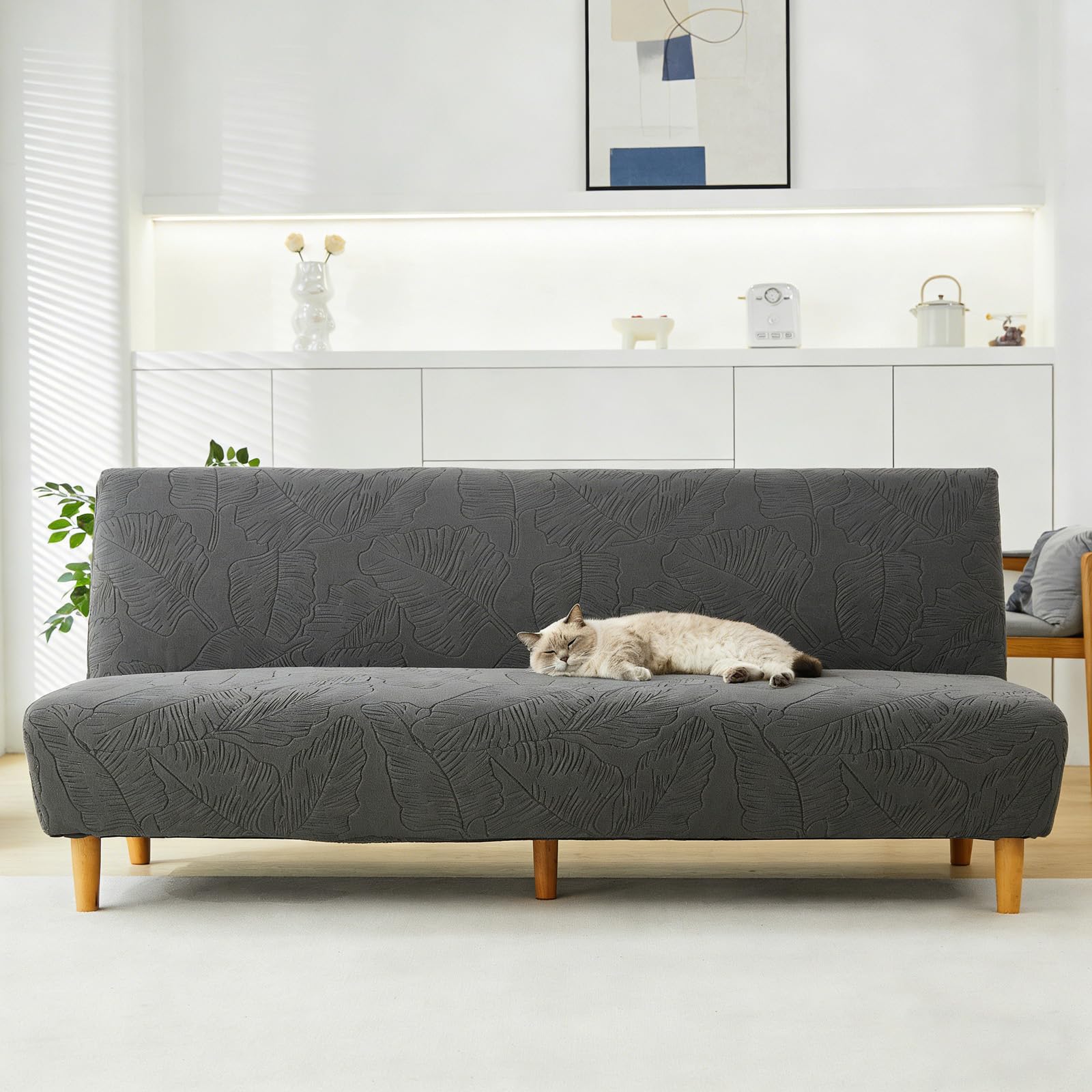 YUJOQUP Armless Sofa Bed Cover Jacquard Stretch Armless Couch Covers, Full Coverage Non-Slip Futon Slipcover, Washable Sofa Slipcovers(Size:M (160-190cm),Color:S-Dark Grey)