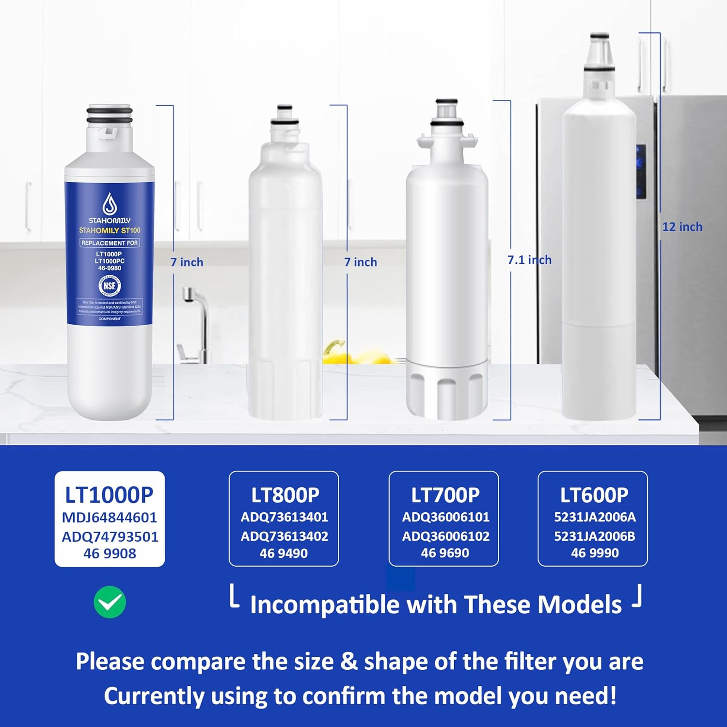LT1000P ADQ747935 Water Filter Replacement for LG LT1000P/PC/PCS, LMXS28626S, MDJ64844601, Kenmore 46-9980, LMXS30796S, LMXS30796D, LMXC23796S, ADQ74793501, AGF80300704 with LT120F Air Filter, 3 Combo
