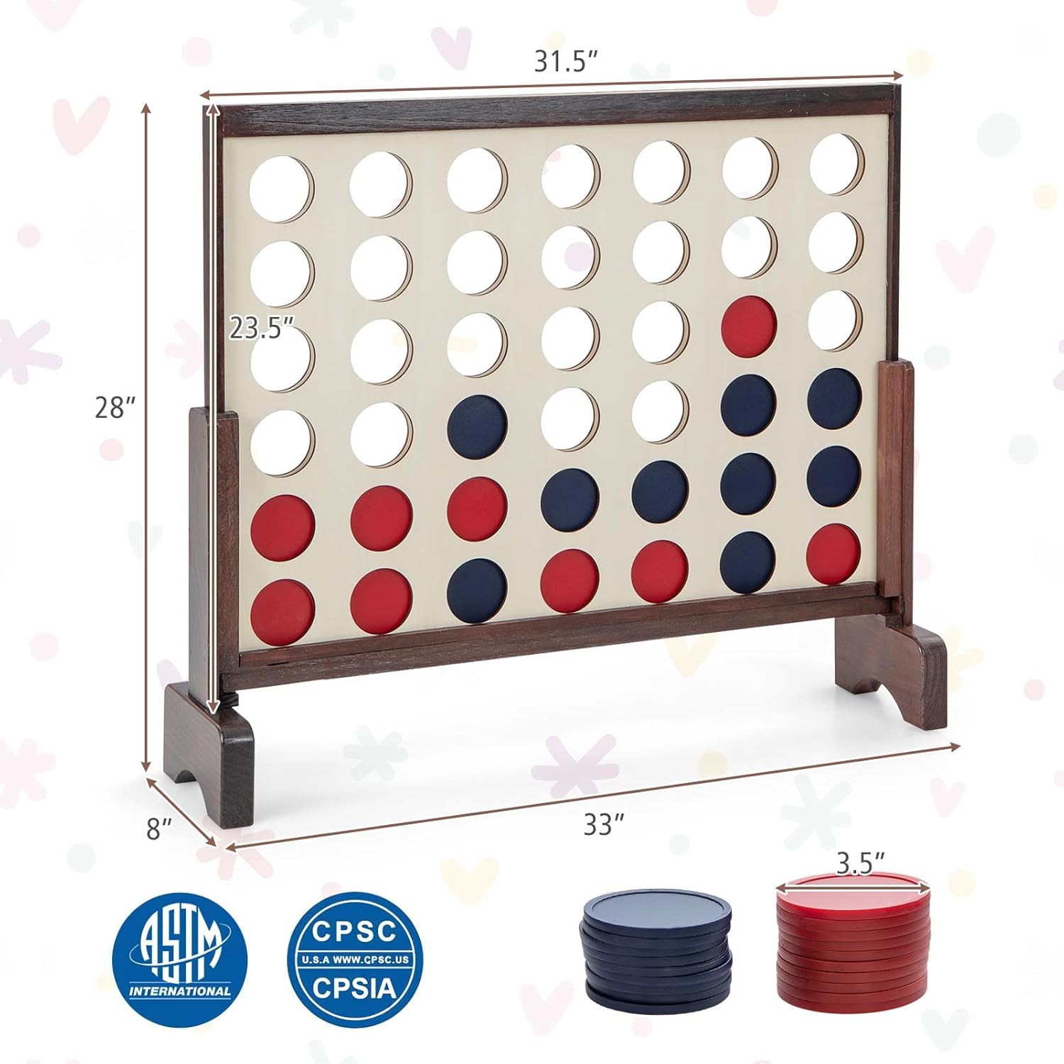 COSTWAY 4-in-a-Row Game Set w/ 42 Jumbo Rings & 600D Oxford Fabric Carrying Bag, One-Hand Release Lever, Wooden Line-up-4 Game for Camping, Parties & Gatherings (Brown)