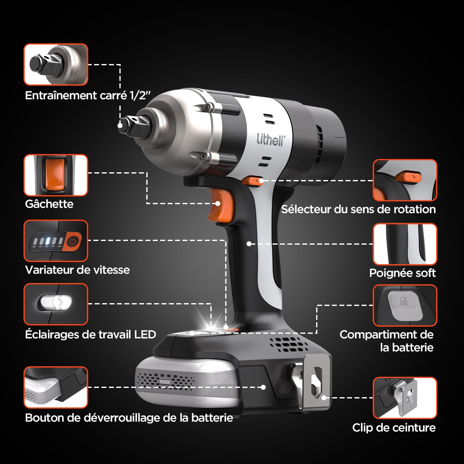 Litheli Visseuse à choc sans fil 400 Nm – Batterie 2,0 Ah, mandrin 1/2 pouce, vitesse variable, éclairage LED – Parfaite pour l’auto, le bricolage et l’assemblage de meubles