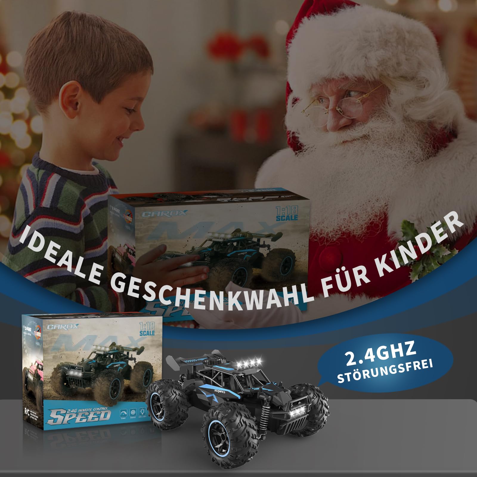 Carox Ferngesteuertes Auto,2.4 GHz 25 km/h RC Auto,1:18 Off Road Monstertruck mit Scheinwerfer und Fahrgestellbeleuchtung Crawler Truck Spielzeug