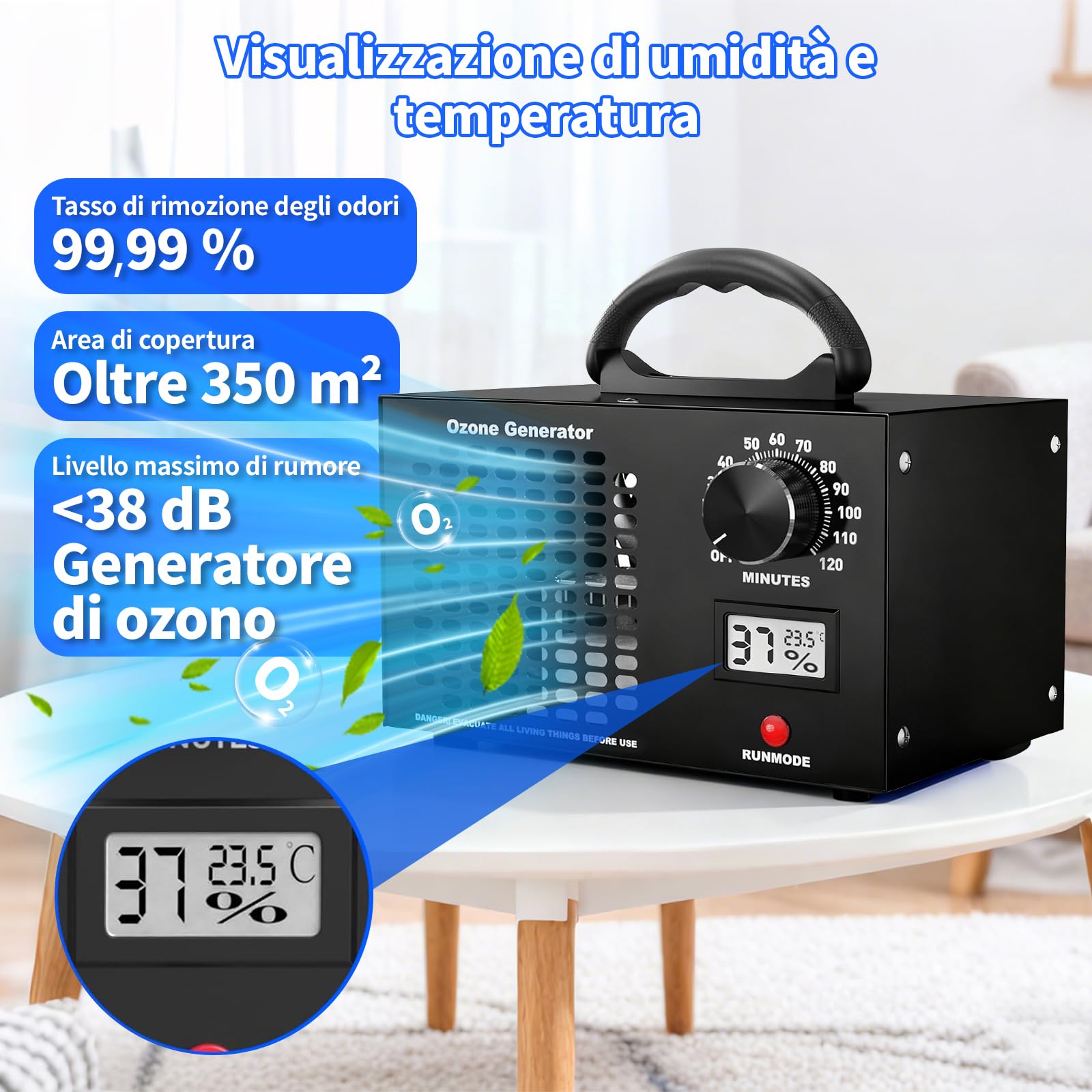 Generatore di Ozono 60.000 mg/h O3, Ozonizzatore per Ambienti fino a 350㎡ con Timer 120 Min, Display Temperatura e Umidità, Generatore di Ozono per Auto, Casa, Cucina, Hotel e Ambienti Interni - 4