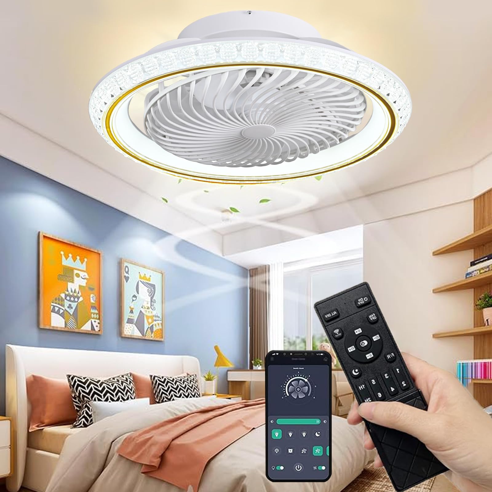 Qiaomao Quiet Ceiling Fan with Light and Remote Control APP, 49cm Leafless Ceiling Fan Lamp 6 Speeds 3 Shades Timer, Summer-Winter Function (72w, Gold