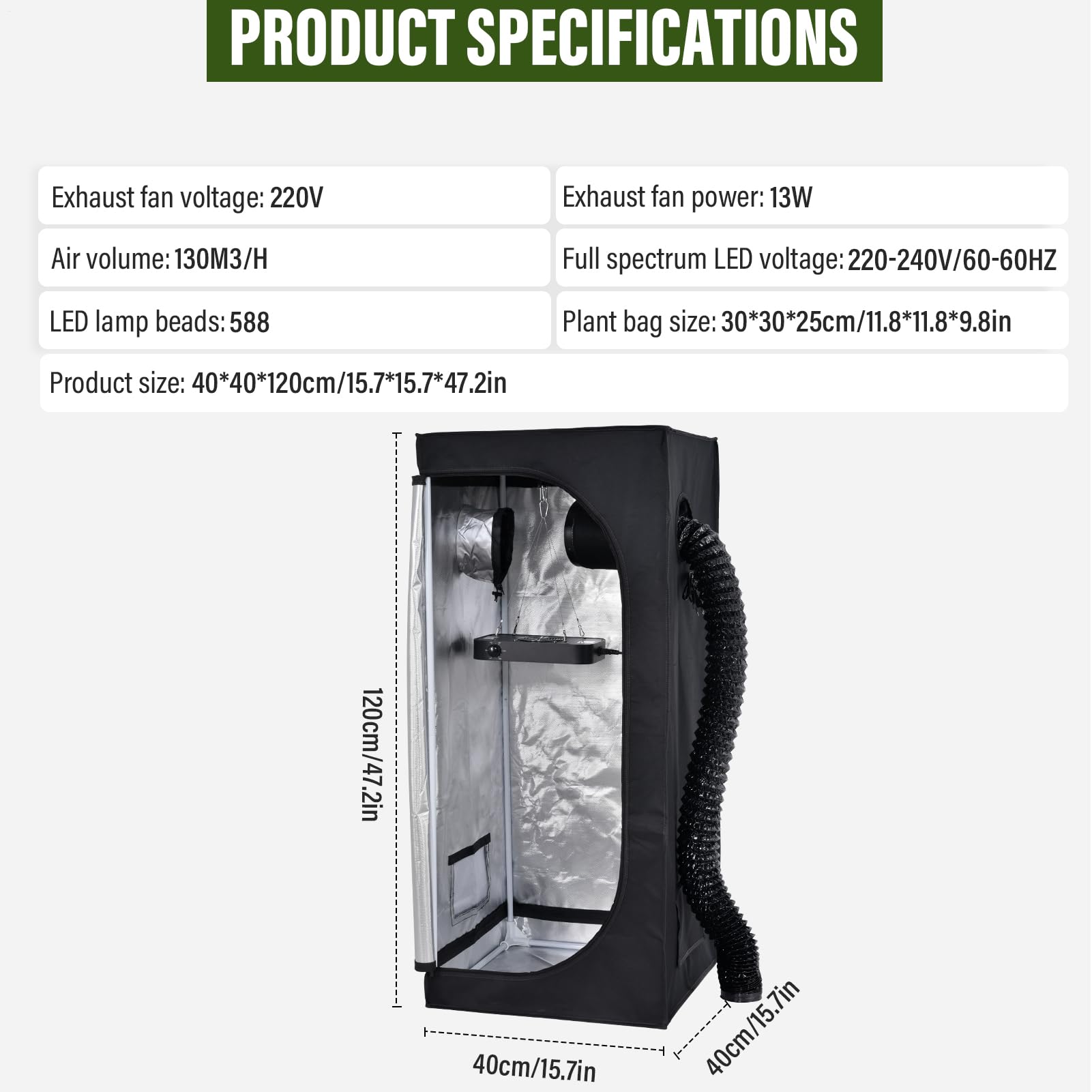 Ensemble De Culture De Set Complet, avec Lampe De Culture À Spectre Complet LED, 40x40x120 Cm, Growing Tent Kit Système D'aération, Filtre en Carbone Activé par Air D'échappe