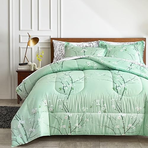 Juego de sábanas de edredón color verde, 7 piezas de tamaño Queen, diseño de ramas de árbol y flores, juego de ropa de cama reversible de microfibra