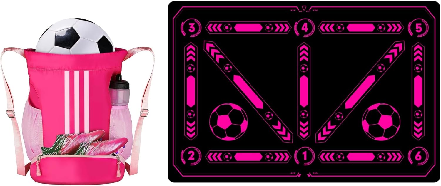 Soccer Bag and Footstep Training Mat Pink, Youth Soccer Basketball Bag with Compartments Drawstring Backpack Skills Training Mat Christmas Gifts Set