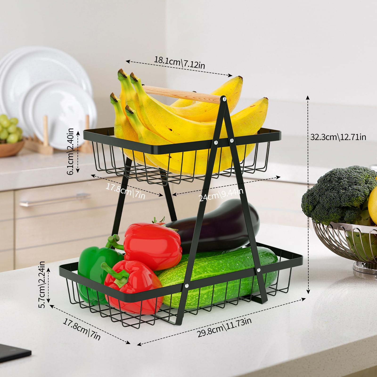 Portafrutta A 2 Piani In Acciaio - Cesto Per Frutta E Verdura, Design Moderno E Smontabile - Foto 6