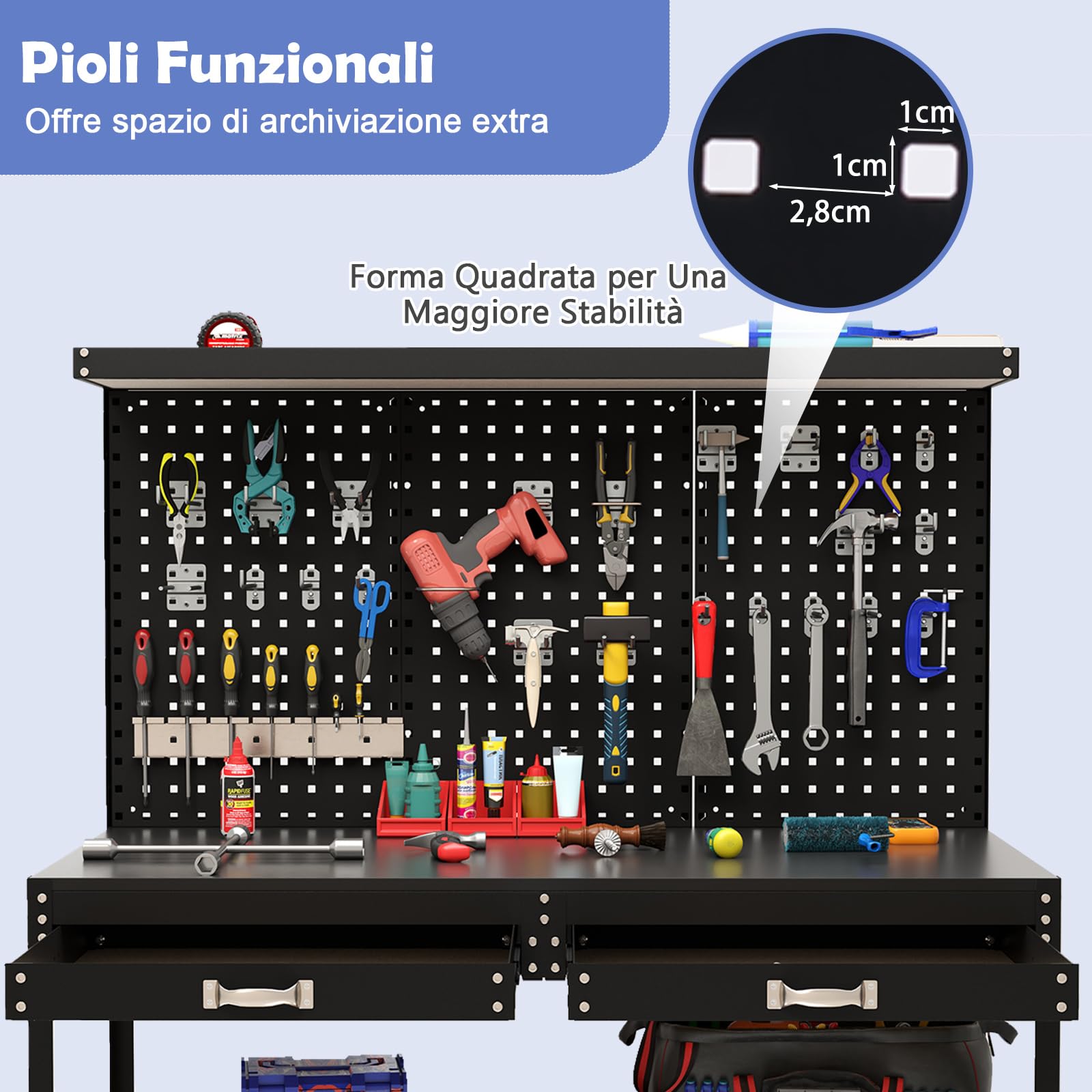 COSTWAY Banco da Lavoro con Piano da 120 x 60 cm, Banco da Lavoro Officina con Pannello Forato e 24 Ganci Porta Attrezzi, Tavolo da Lavoro per Garage con 2 Cassetti e 2 Mensole (Nero)