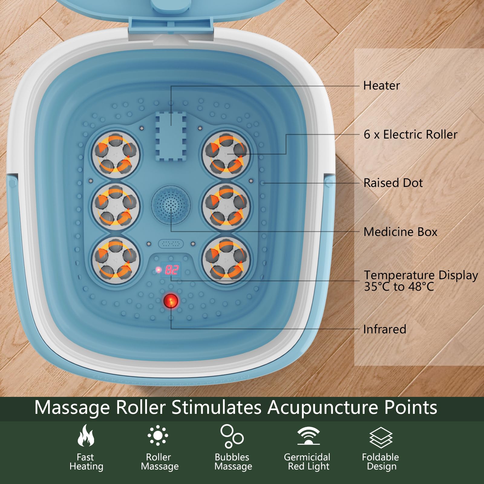 HOMASIS Massaggiatore per Piedi Pieghevole, Pediluvio Massaggiatore Piedi con Rulli Massaggianti e Massaggi ad Bolle, Temperatura Regolabili, Vaschetta Pedicure con Timer e Telecomando (Blu)