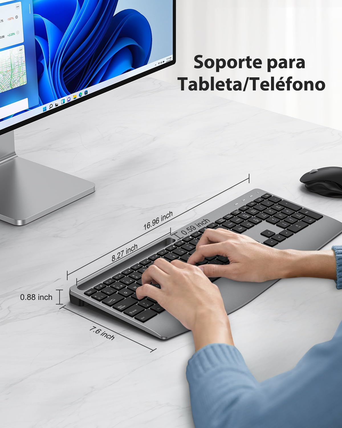 TECURS Teclado Inalámbrico Ergonómico con Reposamuñecas y Soporte para Móvil, 2.4G Teclado Silencioso Recargable, Retroiluminación, Teclado Español QWERTY para Windows 11/10/8/7/Vista/XP/PC/Laptop