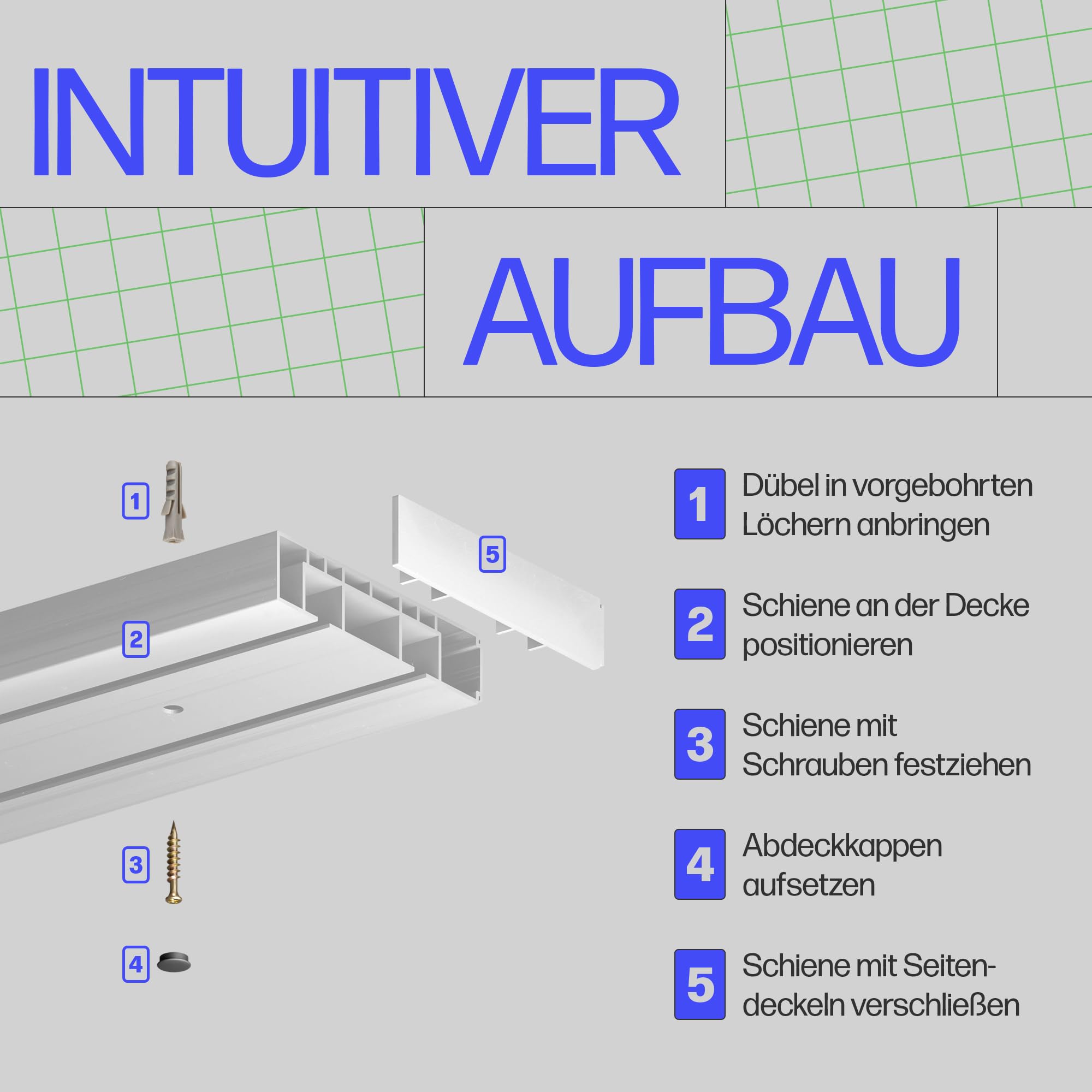 Bestlivings Gardinenschiene (240cm / 2-läufig), Vorhangschiene Komplettset inkl. Zubehör (Befestigungs-Set, Seitendeckel, Gardinenröllchen)