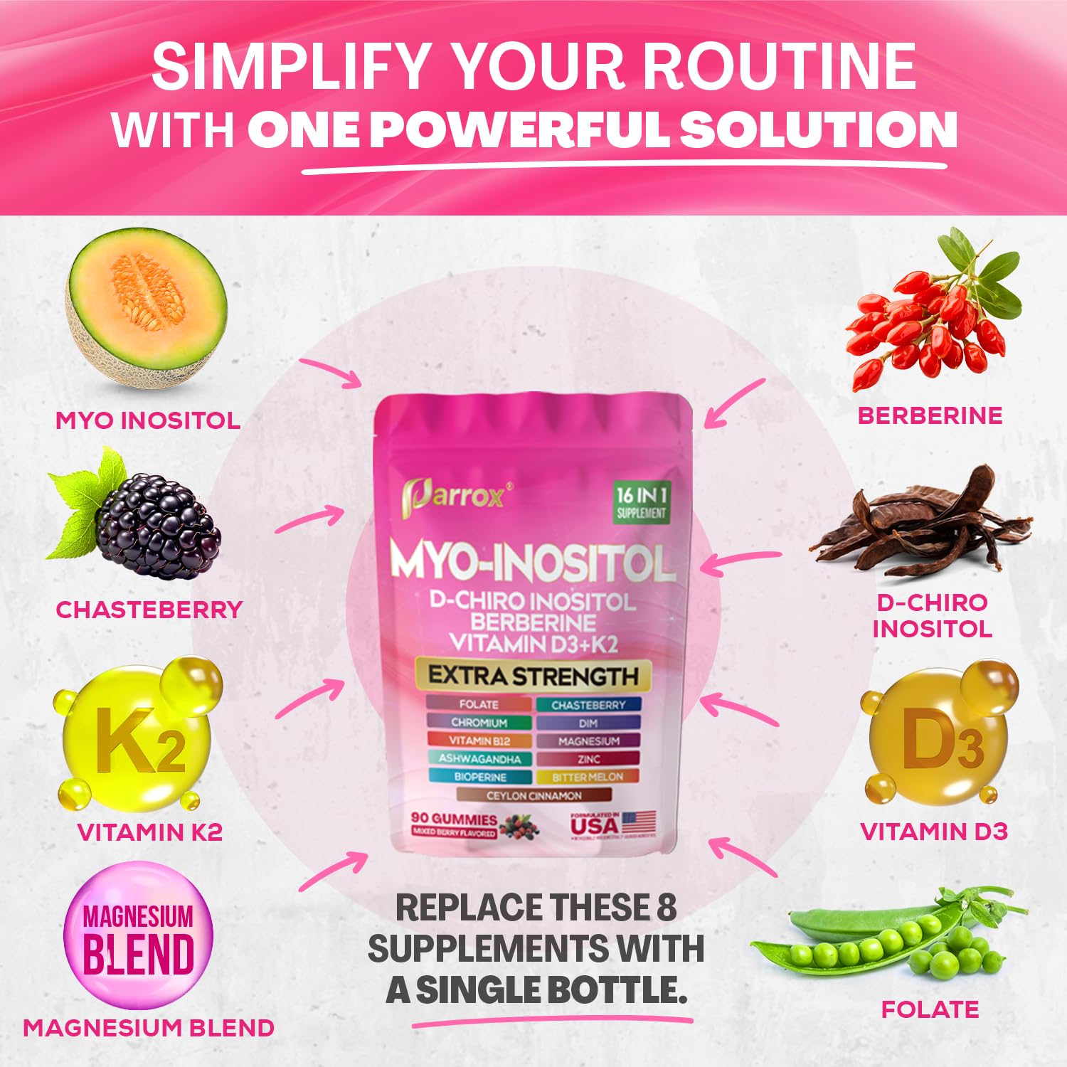 Myo-Inositol & D-Chiro Inositol Gummies, Berberine, Mixed Berry, 90 Count — Amazon image 3