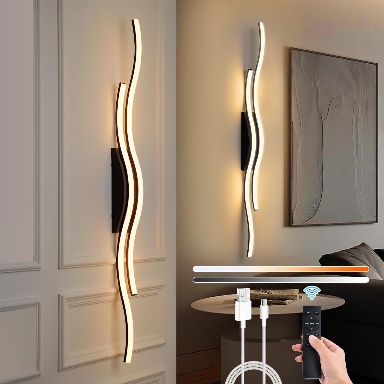 SERBASIC Battery Operated Wall Lights Wave Line,Black Rechargeable Wireless Wall Lights with Remote Control,Stepless Colors 3000K-6000K & Dimming,Morden Wall Sconces for Living Room