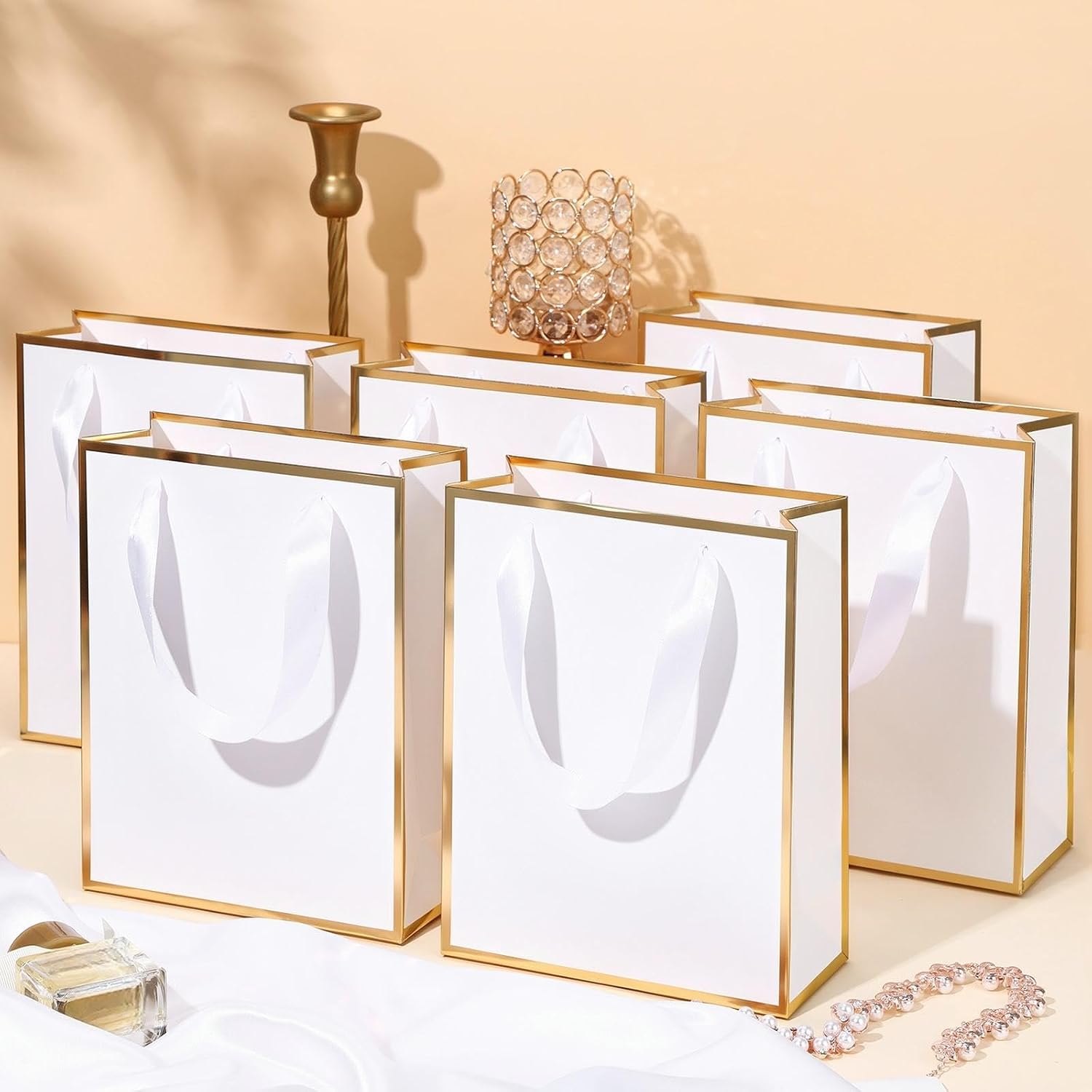 Yeaqee 100 Pcs Metallic Paepr Gift Bags Bulk with Handles,White image 5