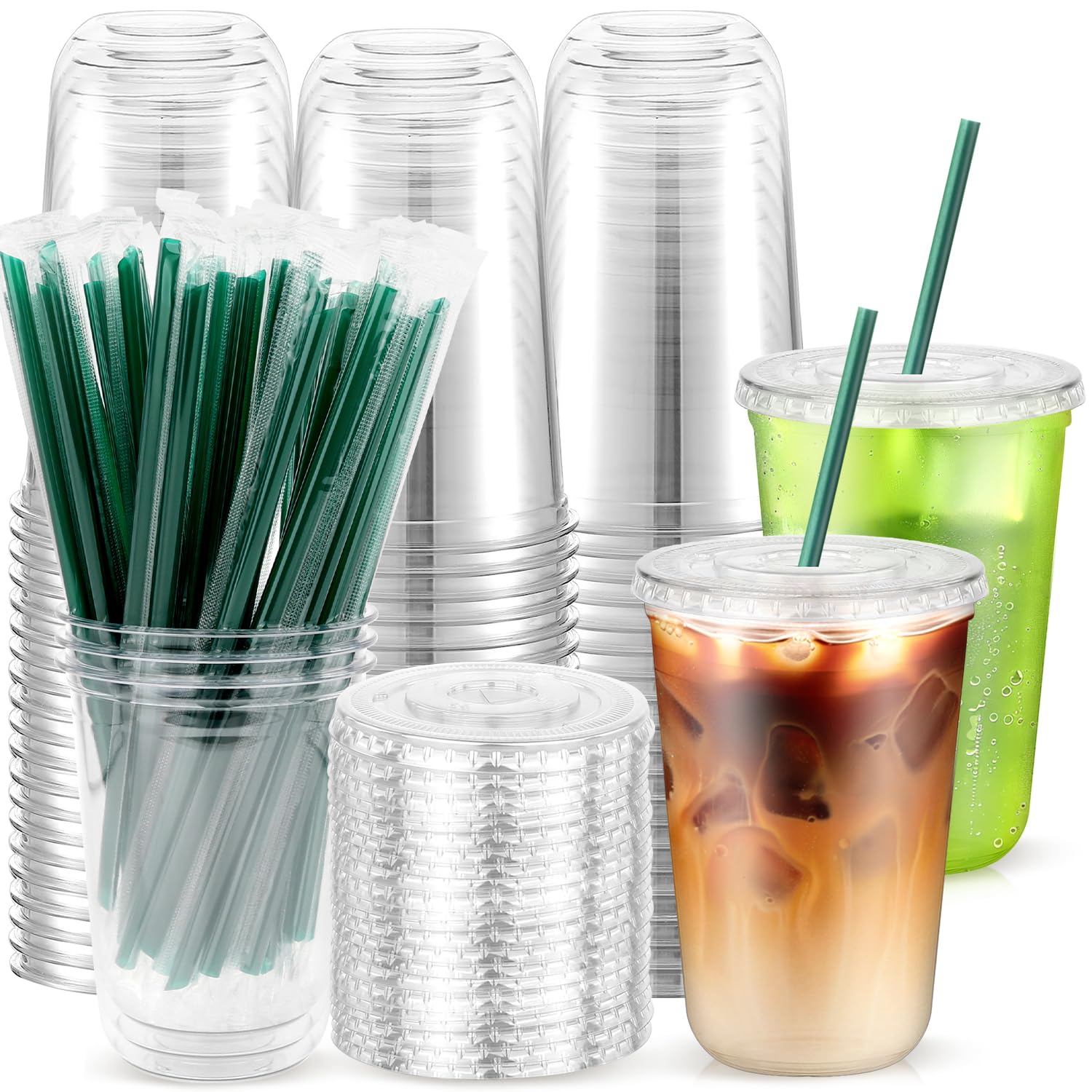 Photo 1 of ***MISSING LIDS****50PCS 16 oz Clear Plastic Cups with Lids and Dark Green Straws, Round Bottom Disposable To Go iced Coffee Cups, BPA Free Bubble Tea Smoothie Cups for Coffee Shops, Picnic, Takeout, Party, Office
