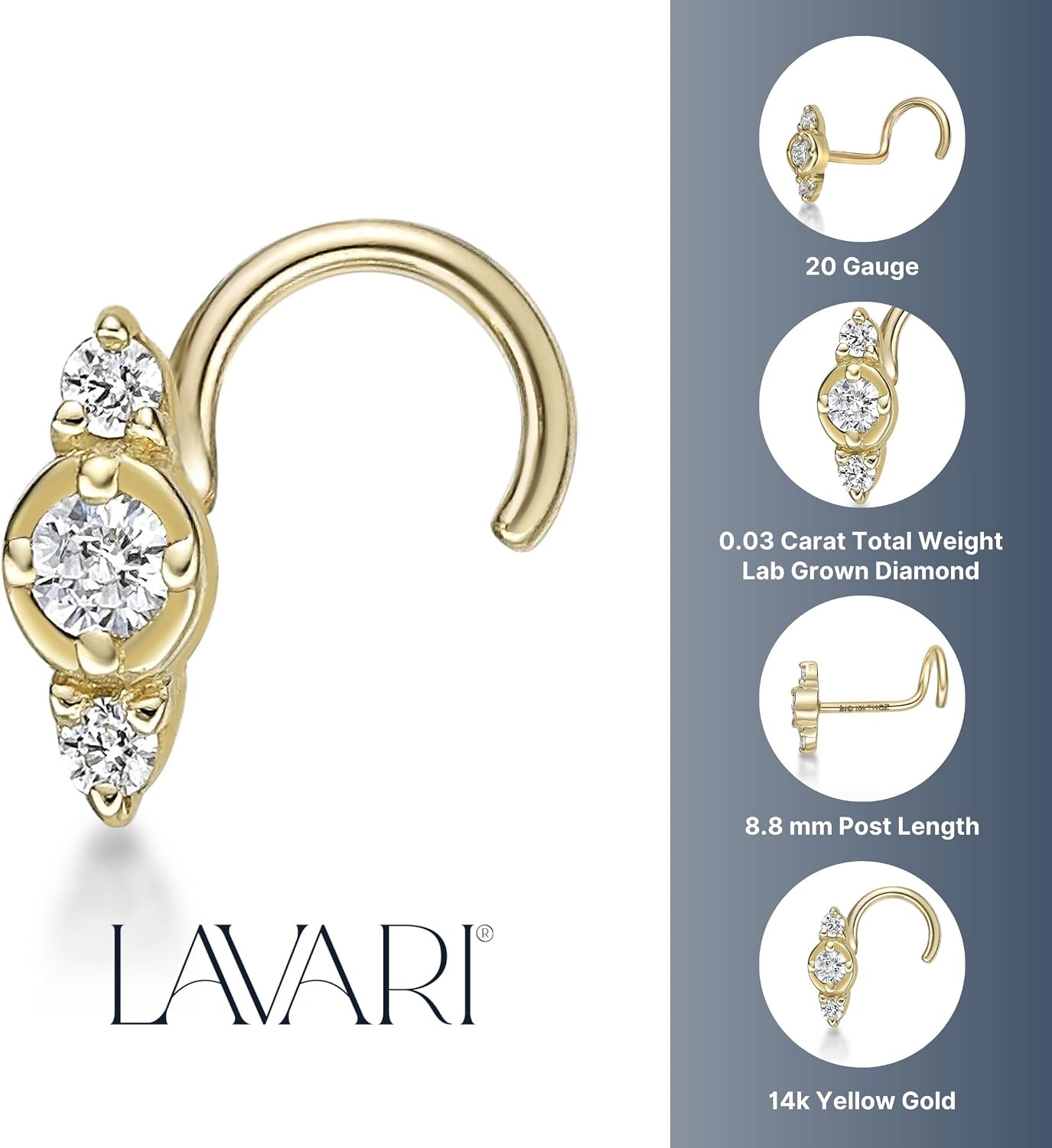 Lavari Jewelers 20 Gauge 0.03 Carat Lab Grown Diamond Curved Screw Nose Stud for Women - 14k Yellow or White Gold Three Stone Nose Ring - Unisex Nostril Piercing Jewelry - Body Piercing for Men