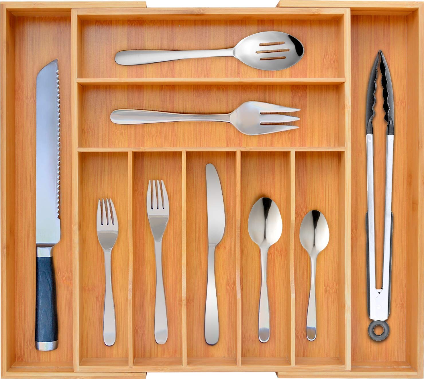 Whitewhale Separadores de cajones, bandeja de cubiertos expandible, bandeja de cubiertos de madera, ajustable, organizador de cubiertos de cocina, soporte de almacenamiento para cuchillos, tenedores,