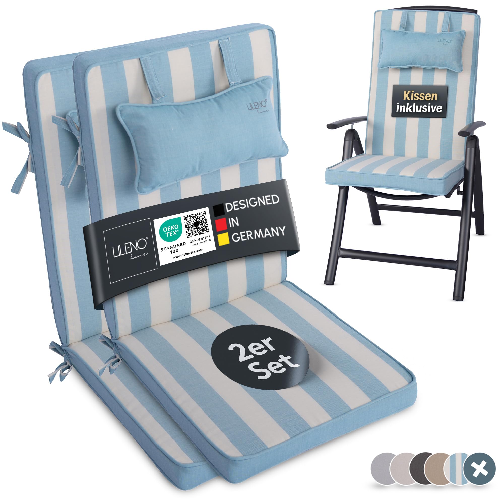 LILENO HOME Gartenstuhl Auflagen mit Kopfkissen [2er Set - Hochlehner] in Blockstreifen Aqua - Sitzauflagen für Gartenmöbel - Stuhlkissen für Gartenstühle und Klappstühle Dub