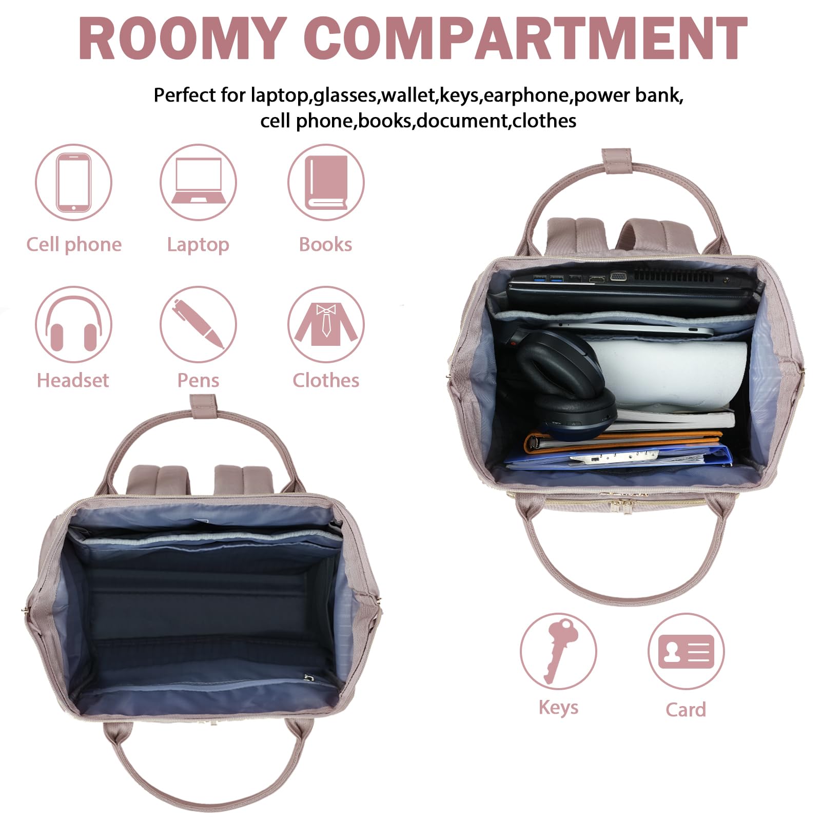 EMPSIGN Laptop Rucksack Damen 17.3 Zoll, Wasserfest Mädchen, Elegante Arbeitstasche Lehrertasche, Reiserucksack Tagesrucksack für Uni Büro Reise, Rosa
