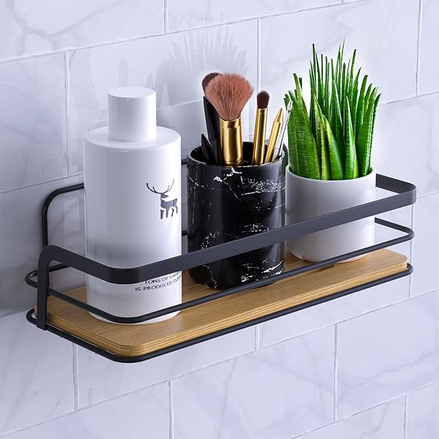 Bestdon Shower Caddy Black, Self Adhesive Bathroom Shelf, No Drilling Wall Mounted Basket Bathroom Rack Storage Organizer Shelves Shampoo Holder for Shower Wall, Made of Bamboo & Metal