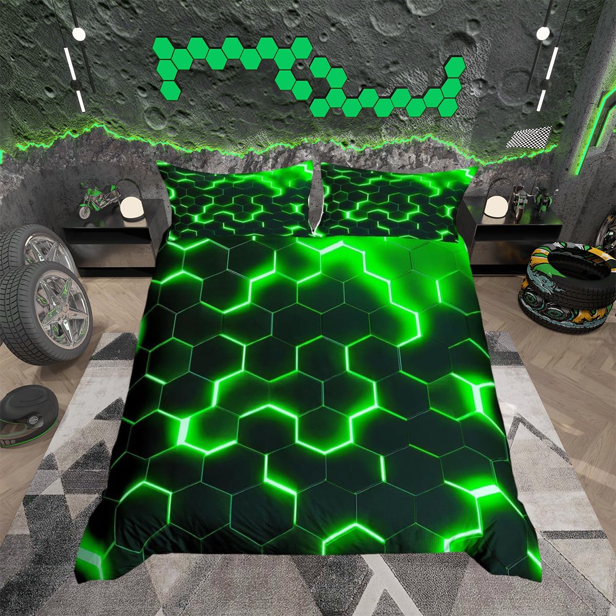richhome Geometric Honeycomb Duvet Cover Double Size,Hexagon Abstract Bedding Set,Kids Boys Girls Adults Room Decor,Green Black Neon Light Comforter Cover,Modern Fashion Quilt Cover,2 Pillowcases