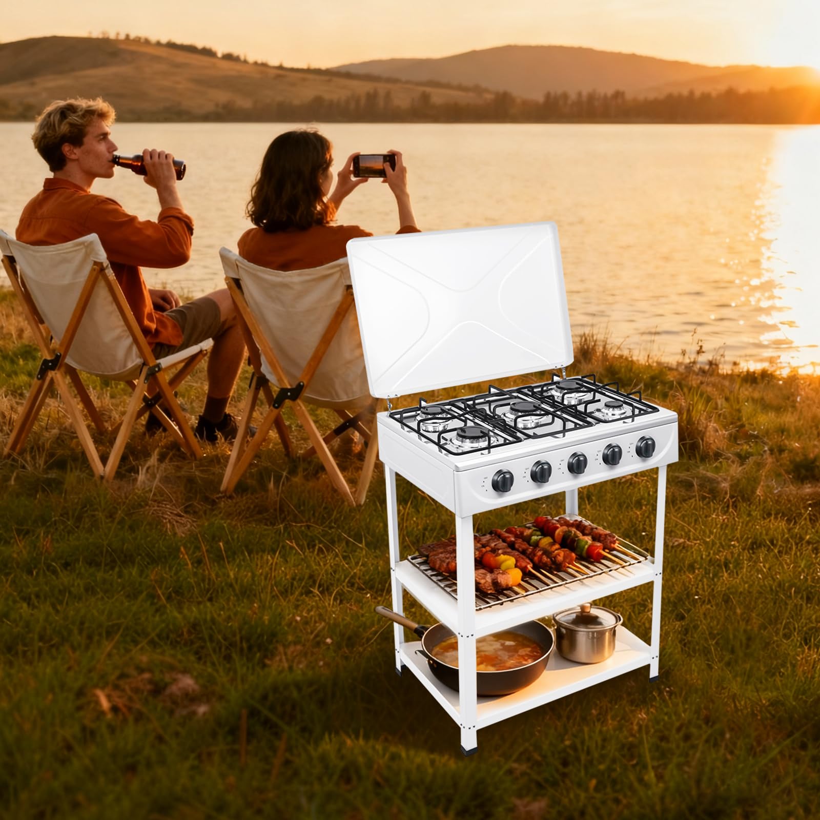 Fornello a gas da banco a 5 fiamme con 3 superfici di appoggio, 2,5KW per bruciatore, bianco, per campeggio, camper e outdoor, adatto a NG/GPL, con copertura inclusa